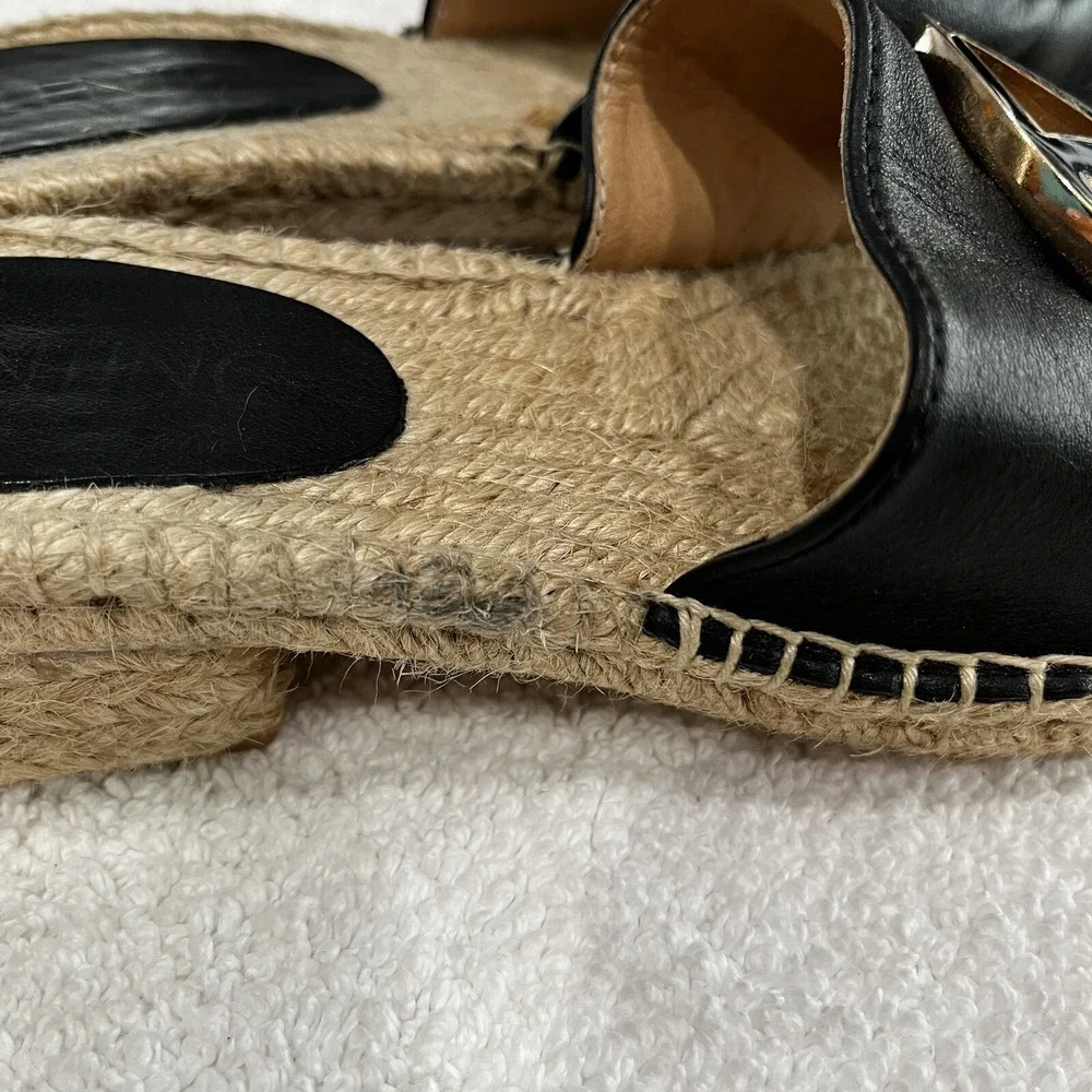 Valentino Garavani Black Leather Gold V Logo Espadrille Slide Sandals‎ Womens 38